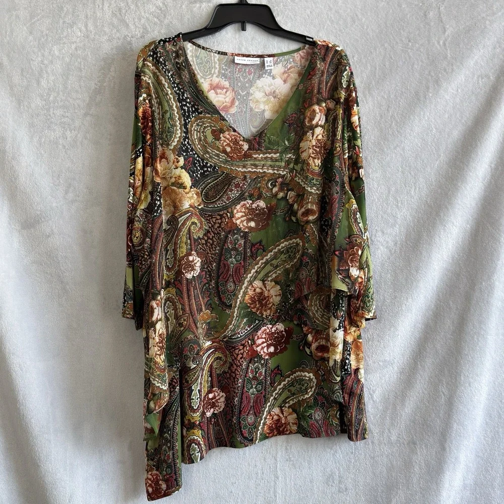 Susan Graver Plus 3X Paisley Floral Asymmetrical Liquid Knit Tunic Top Casual